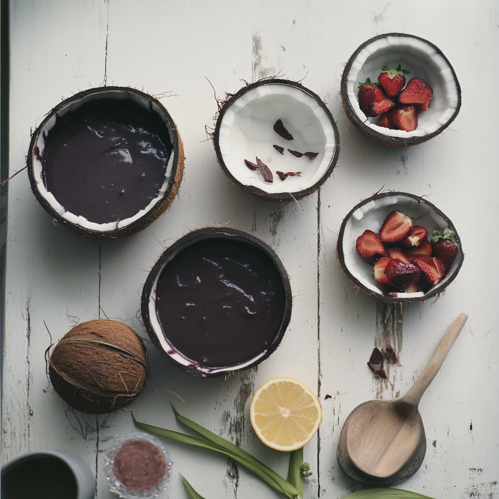 Close-up of a coconut bowl filled with an acai smoothie, showcasing sustainable eating.