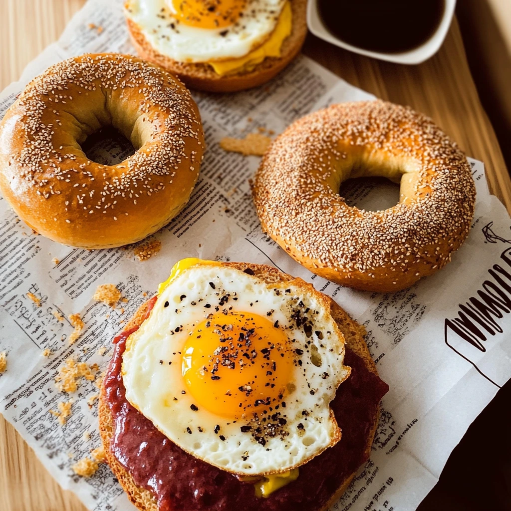 Egg bagel with cream cheese and smoked salmon topping