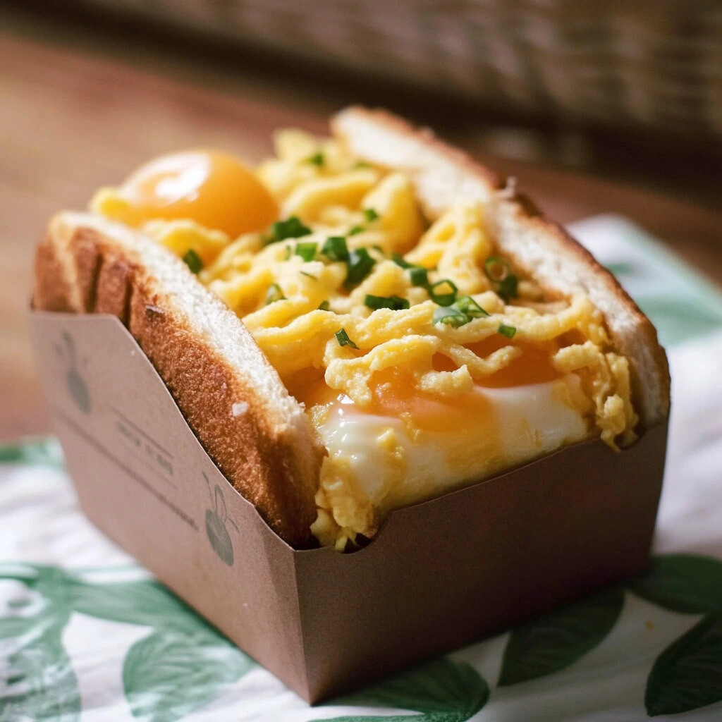 Korean-style egg drop sandwich with creamy scrambled eggs on toasted bread