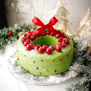 Decorated Grinch Cake with green frosting and red heart sprinkles, perfect for Christmas.