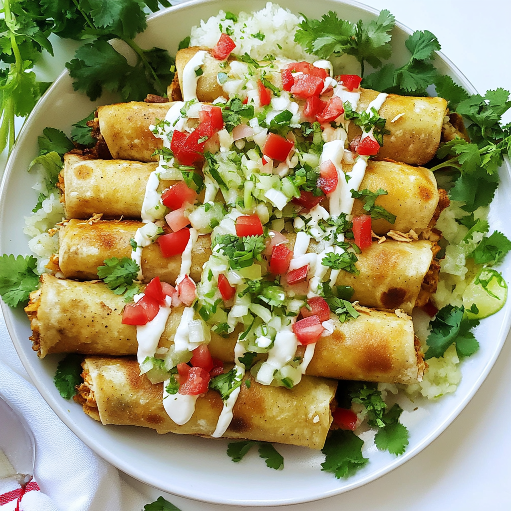 Crispy golden Flautas de Pollo served with fresh salsa and guacamole.