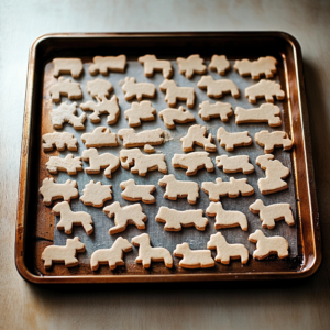 Freshly baked frosted animal crackers cooling on a tray, topped with pink and white frosting