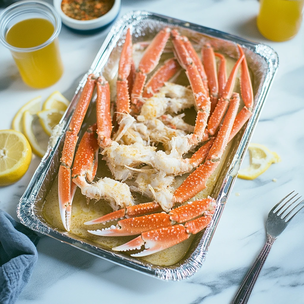 A plate of freshly cooked snow crab legs served with melted butter and a lemon wedge.