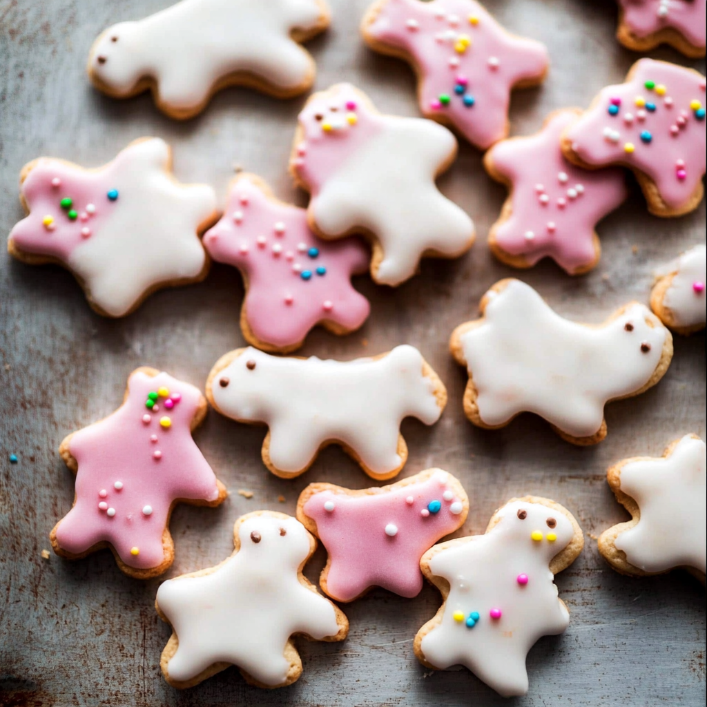 Frosted animal crackers recipe - pink and white cookies with sprinkles on a platter