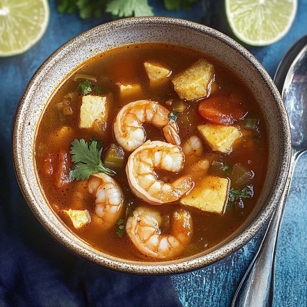 Caldo de Camaron garnished with fresh cilantro and lime, ready to be served.