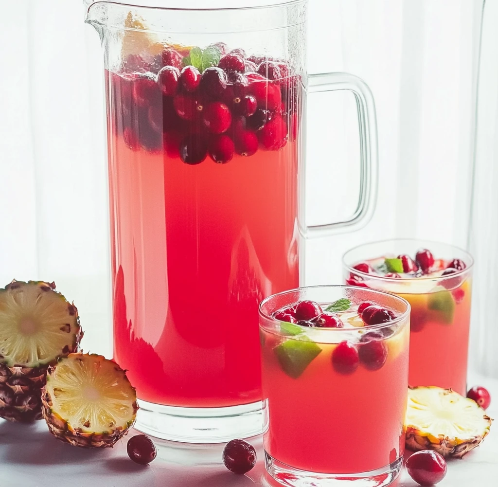 A glass of cranberry pineapple Sprite mocktail garnished with mint, cranberries, and pineapple, served on a wooden table.