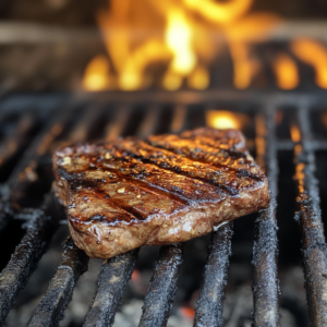 A thick cowboy steak sizzling on the grill, showing perfect sear marks.