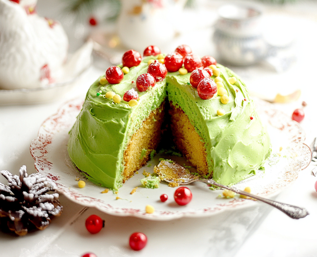 Vibrant green Grinch cake with red heart decorations on top, perfect for a festive holiday dessert.