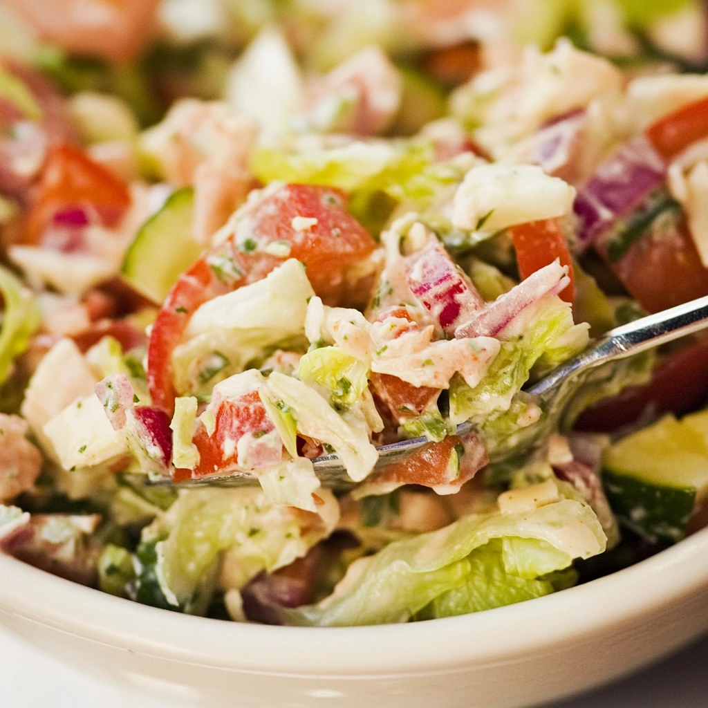 Portion of Grinder Salad ready to serve with fresh toppings.