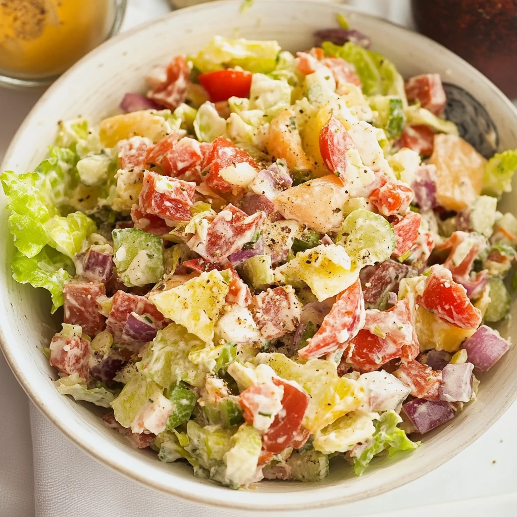 A bowl of fresh Grinder Salad with colorful vegetables and savory toppings.