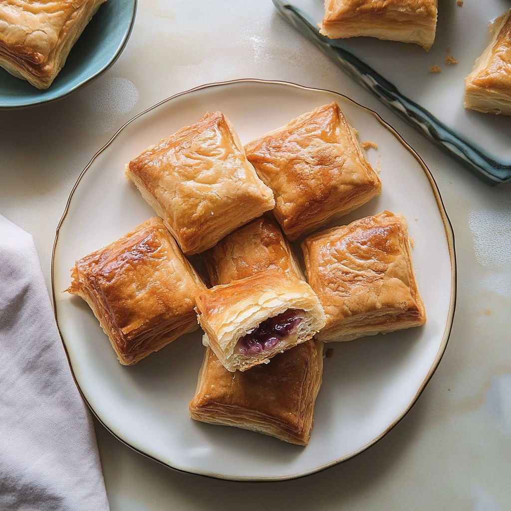 Freshly baked guayaba pastries with golden puff pastry and sweet guava filling, dusted with powdered sugar.