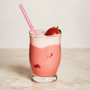 Hailey Bieber smoothie served in a glass, featuring its signature pink color made from strawberries and other beauty-boosting ingredients.