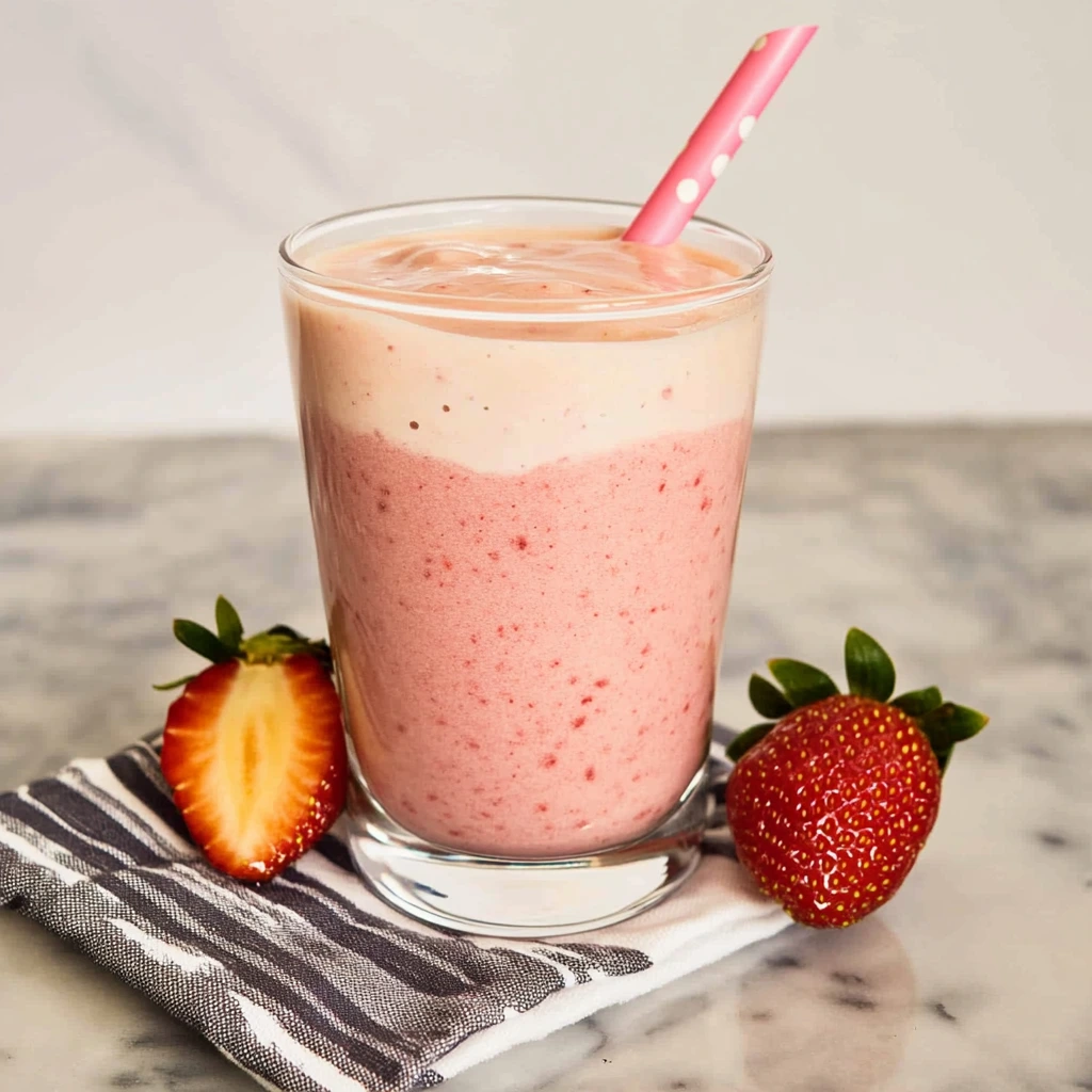 A vibrant and refreshing Hailey Bieber smoothie made with fresh strawberries, served in a glass.