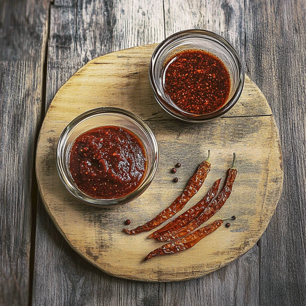 A selection of key ingredients for making homemade buldak sauce, including soy sauce, gochugaru, garlic, and sesame oil, ready to create a spicy and flavorful Korean sauce.