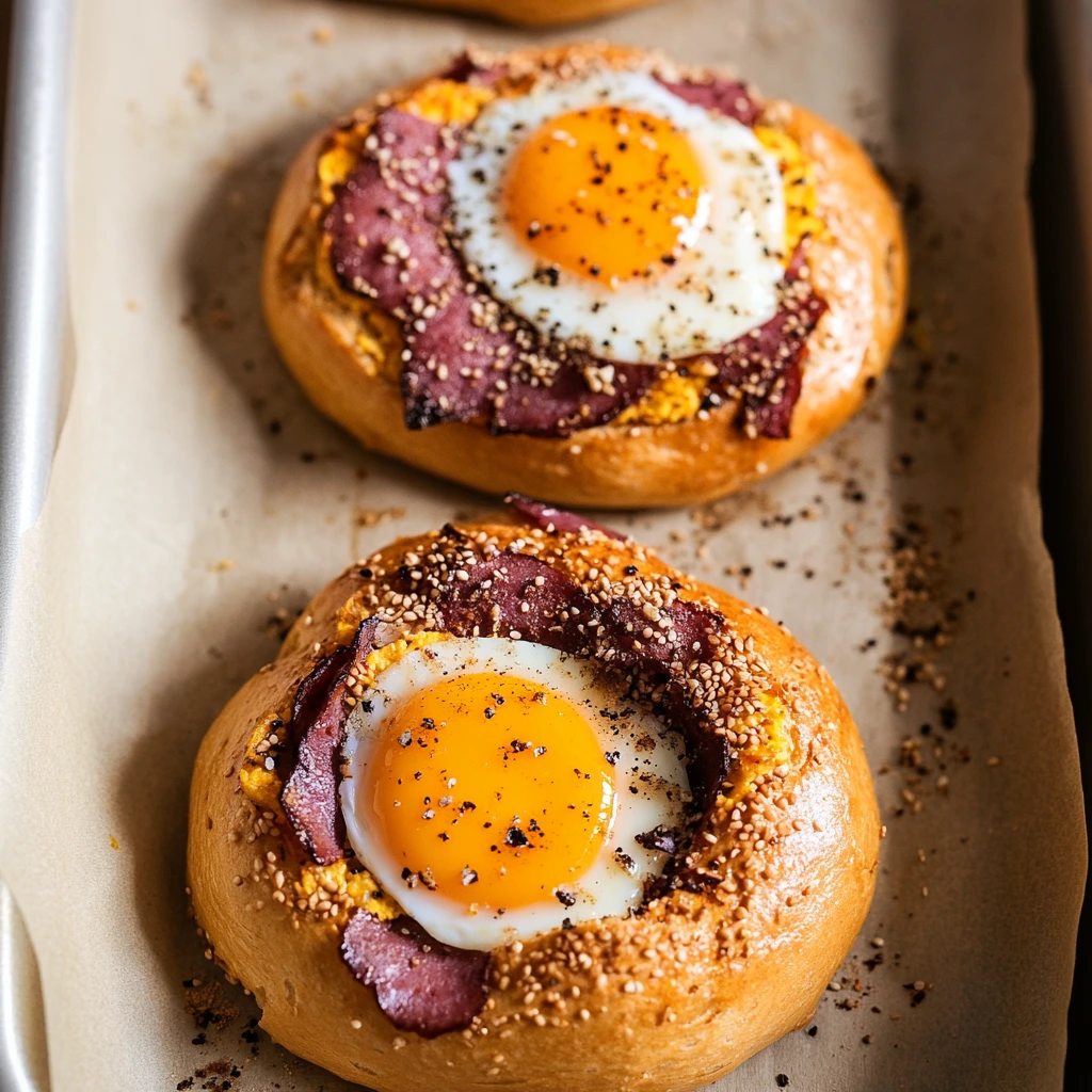 Fresh homemade egg bagels with golden crust on a kitchen counter