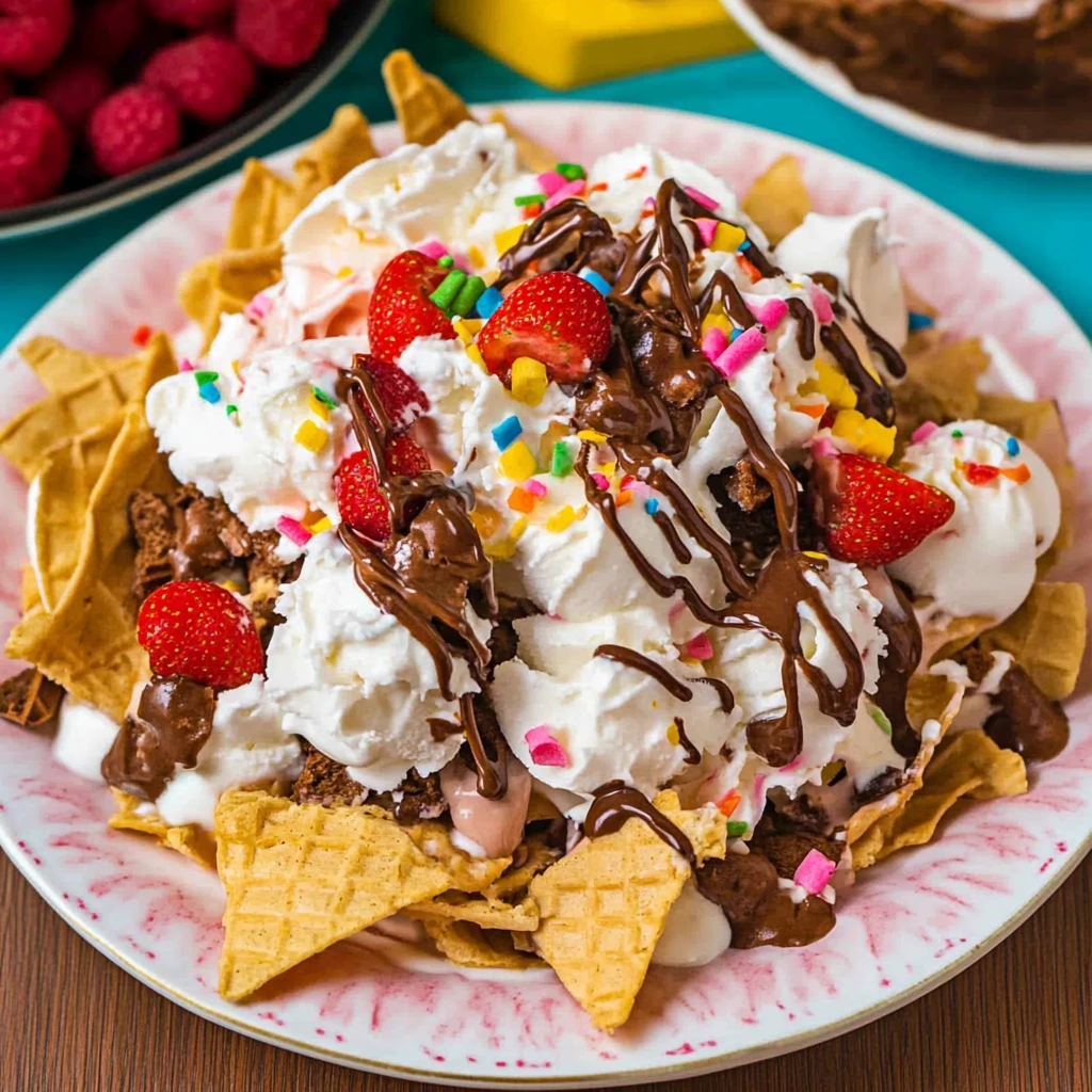 Close-up of ice cream nachos topped with chocolate drizzle and sprinkles