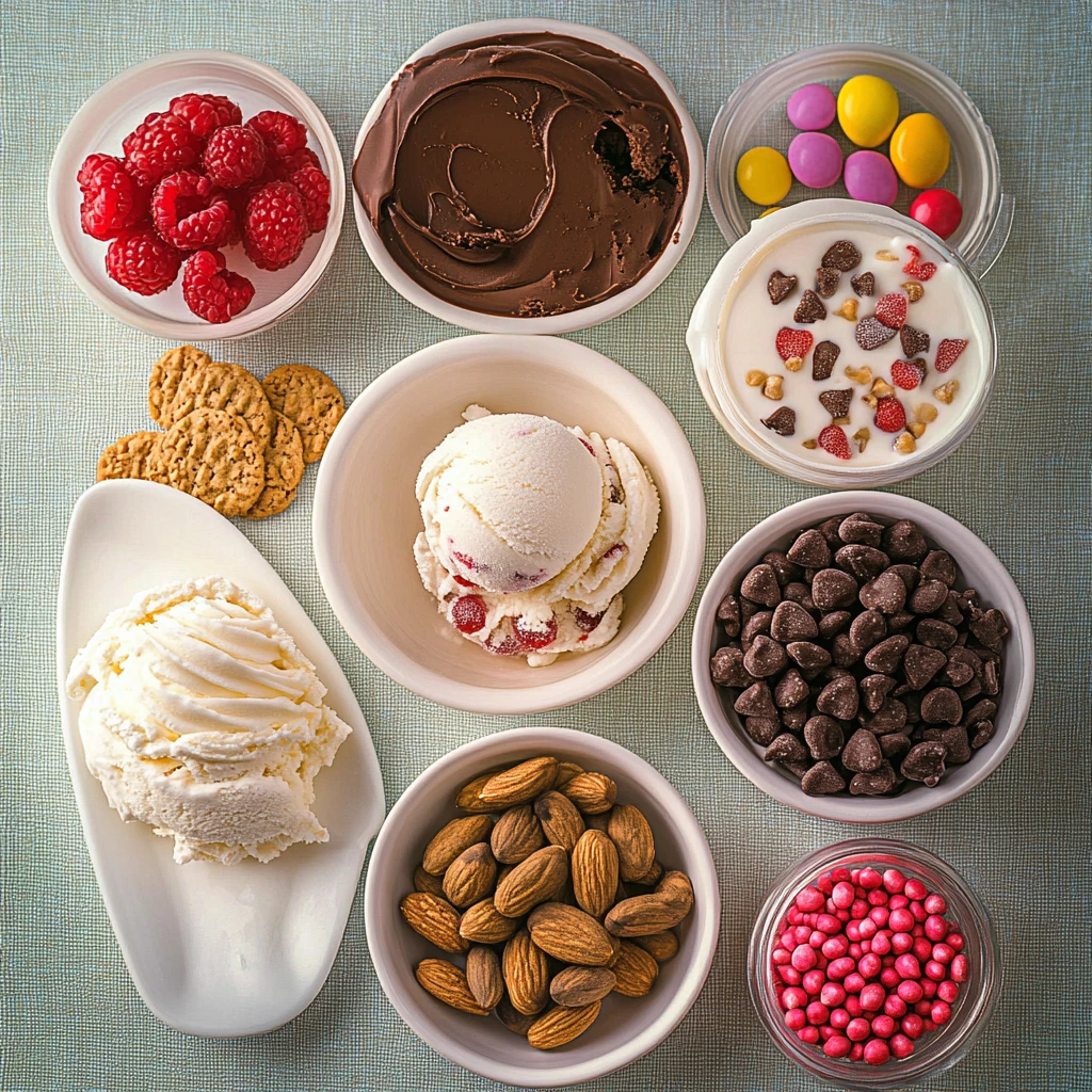 Ingredients of ice cream nachos with waffle cones and a variety of toppings