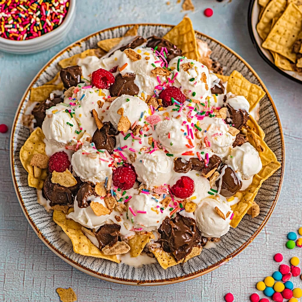 Delicious ice cream nachos with waffle cone chips, topped with fresh fruit and drizzle