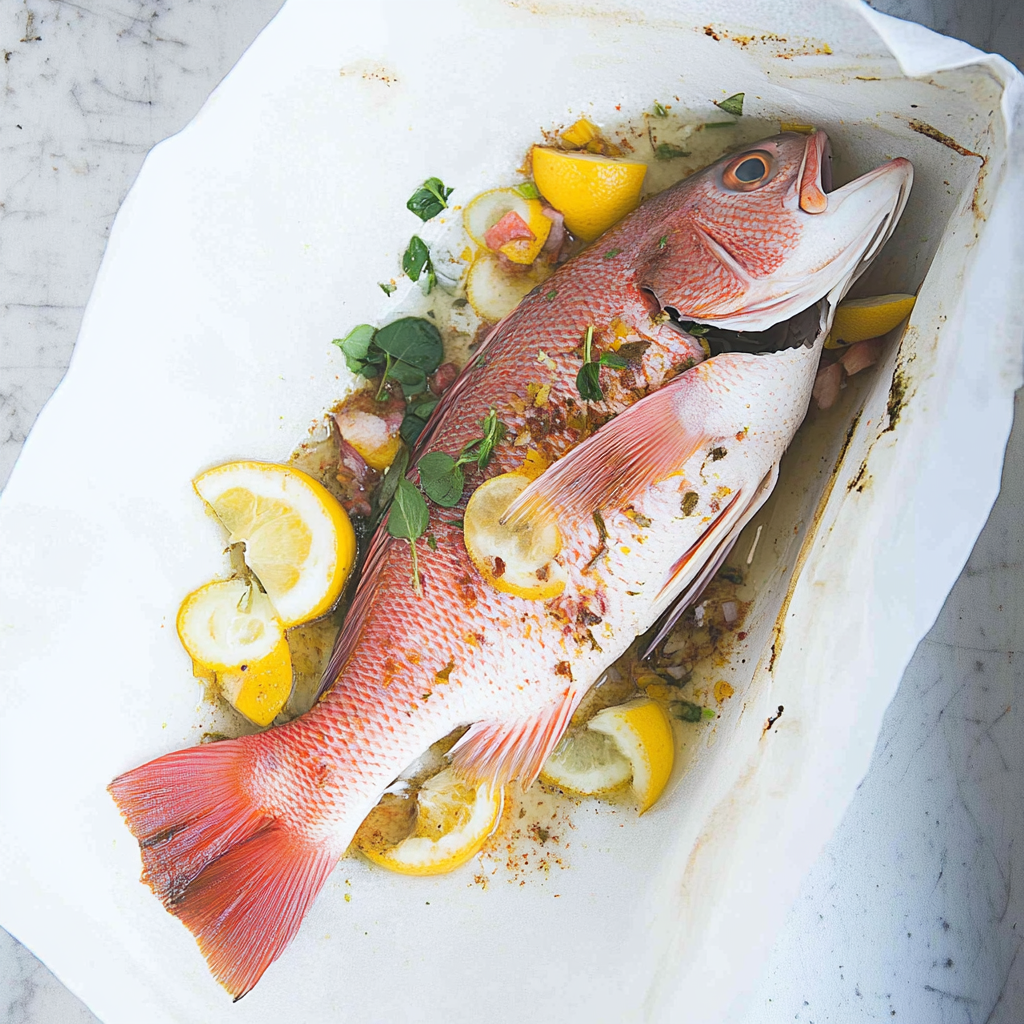 A perfectly cooked red snapper on a plate, garnished with herbs, highlighting its tender texture.