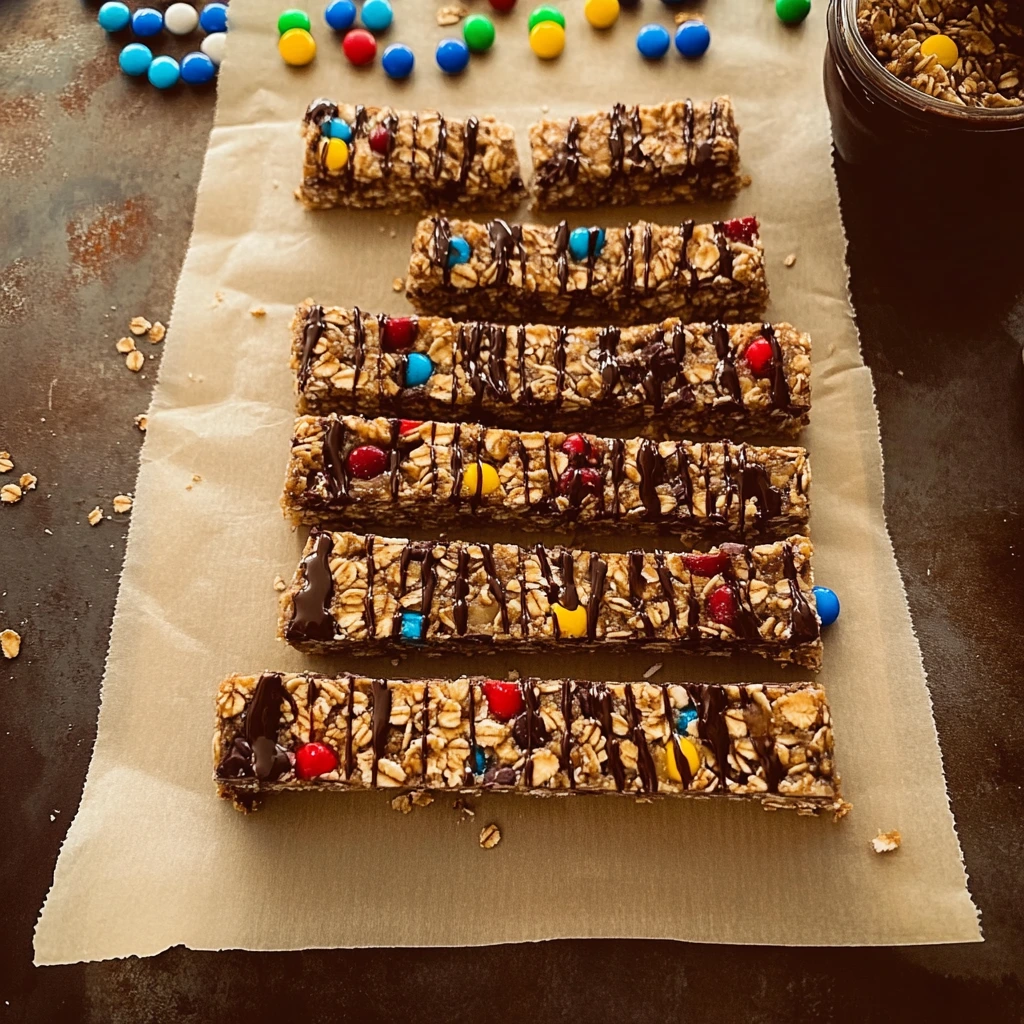 Ingredients for making homemade Kudos Bars including granola, honey, chocolate chips, and M&Ms