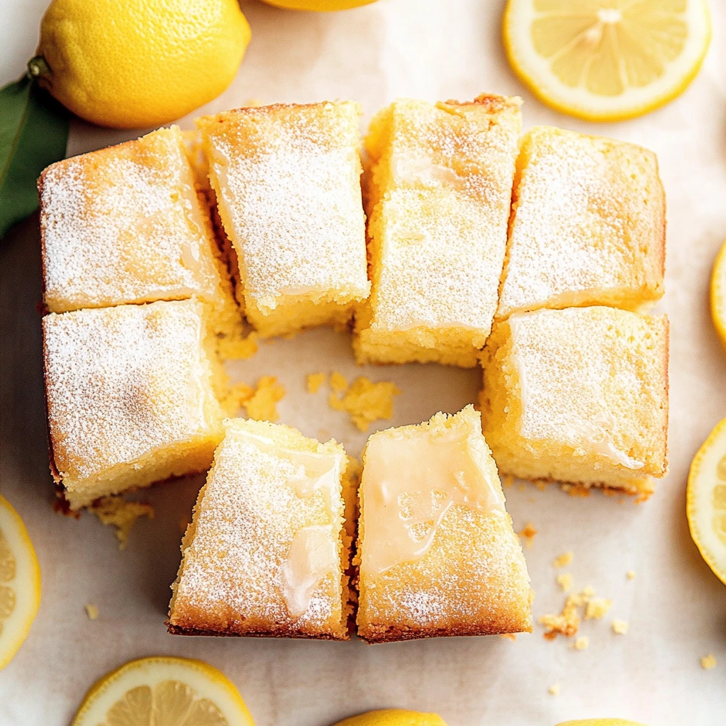 Freshly baked lemon brownies topped with a tangy lemon glaze, cut into squares and displayed on a plate.