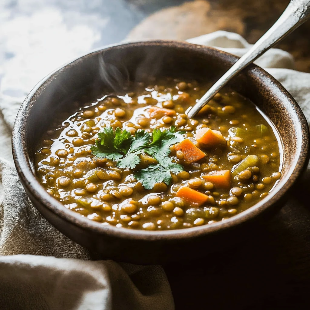 A bowl of hearty Lentejas soup, a traditional Spanish lentil dish made with spices and vegetables.