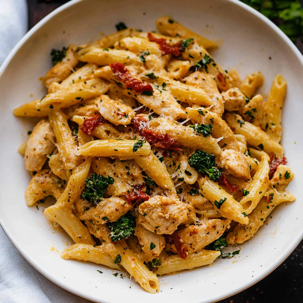 Creamy Marry Me Chicken Pasta garnished with fresh basil