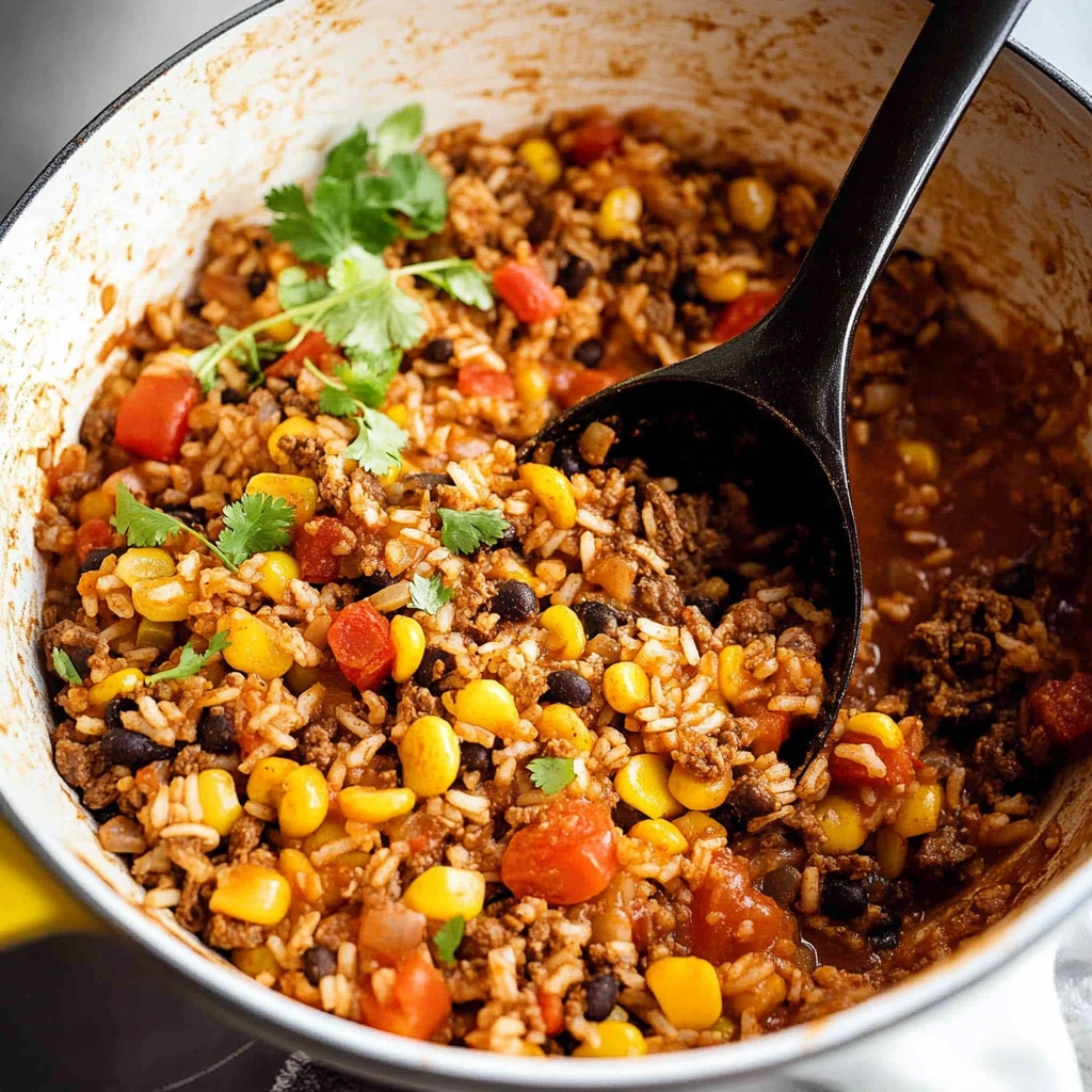 Close-up of cheesy Mexican beef and rice skillet