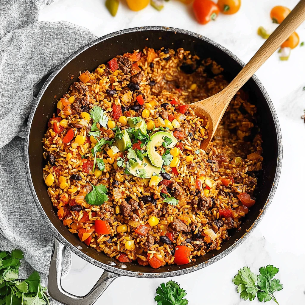 Serving of Mexican beef and rice skillet with cheese and garnishes