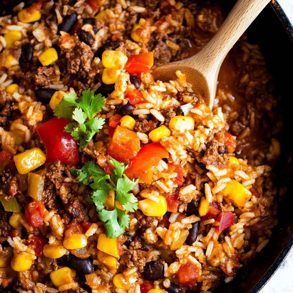 Top view of Mexican beef and rice skillet garnished with cilantro