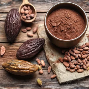 Natural cacao beans in their raw form, ready for processing into cacao powder.