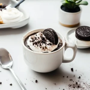 A perfectly cooked Oreo mug cake topped with crushed Oreos, ready to be enjoyed.