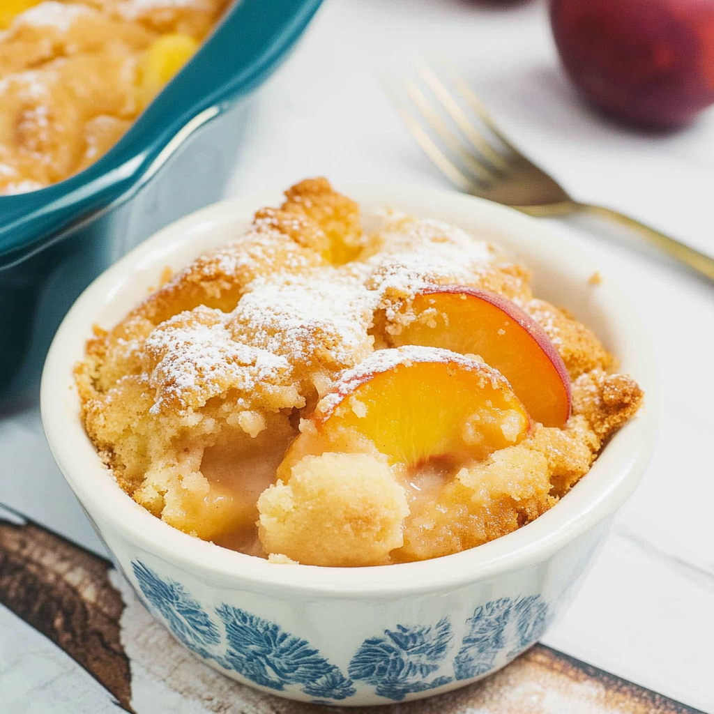 Delicious peach cobbler made with cake mix, ready to be served