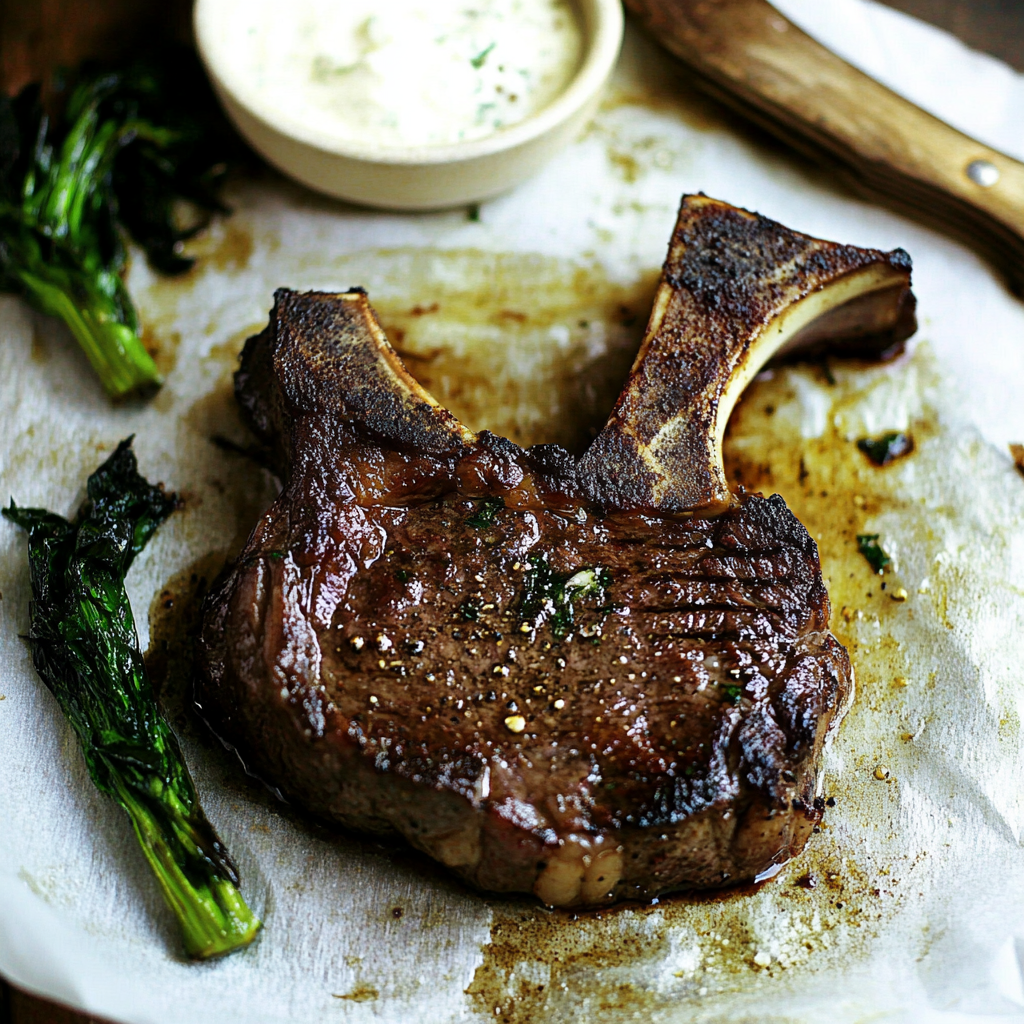 Juicy cowboy steak grilled to perfection with a crispy sear and rich marbling.