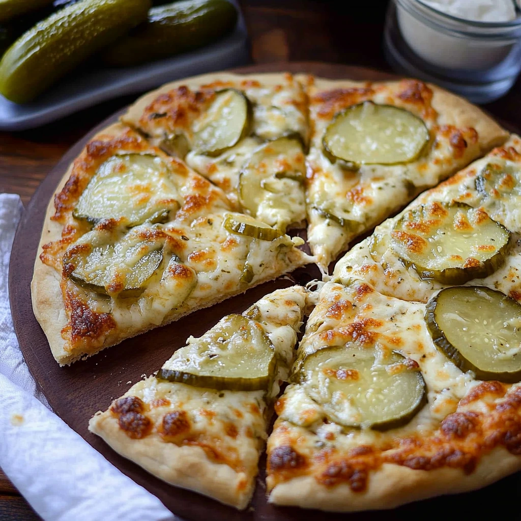 Close-up of tangy pickle pie pizza topped with dill pickles and bubbling cheese on a crispy crust.