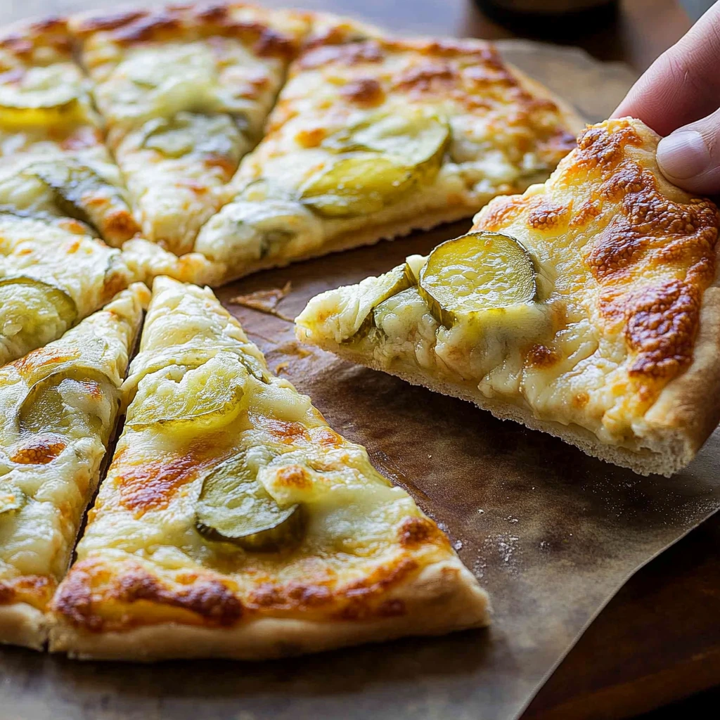 Freshly baked pickle pie pizza with golden crust, melted cheese, and tangy dill pickle toppings.