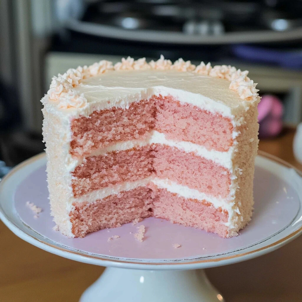 A beautifully prepared pink cake with fluffy layers and cream cheese frosting, ready for serving.