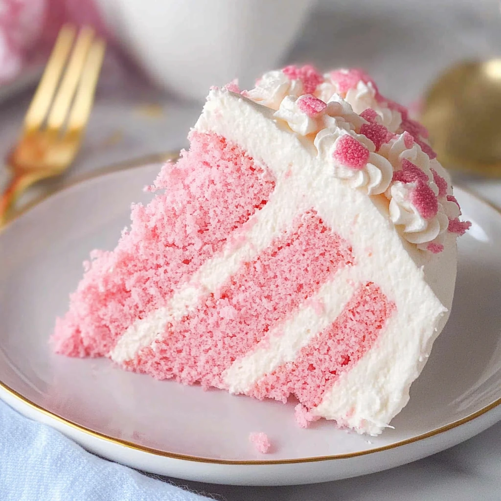 A soft and fluffy pink cake topped with cream cheese frosting and pink sprinkles, perfect for celebrations.