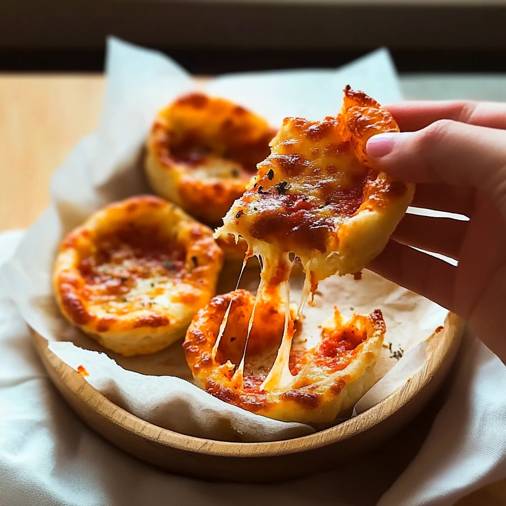 Step-by-step preparation of pizza puffs with puff pastry squares, pizza sauce, and cheese