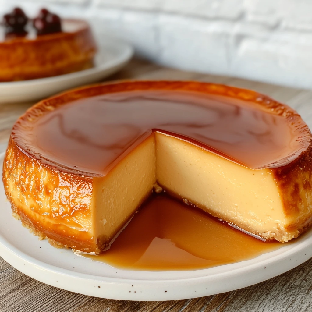 Venezuelan quesillo dessert topped with caramel sauce in a ceramic dish