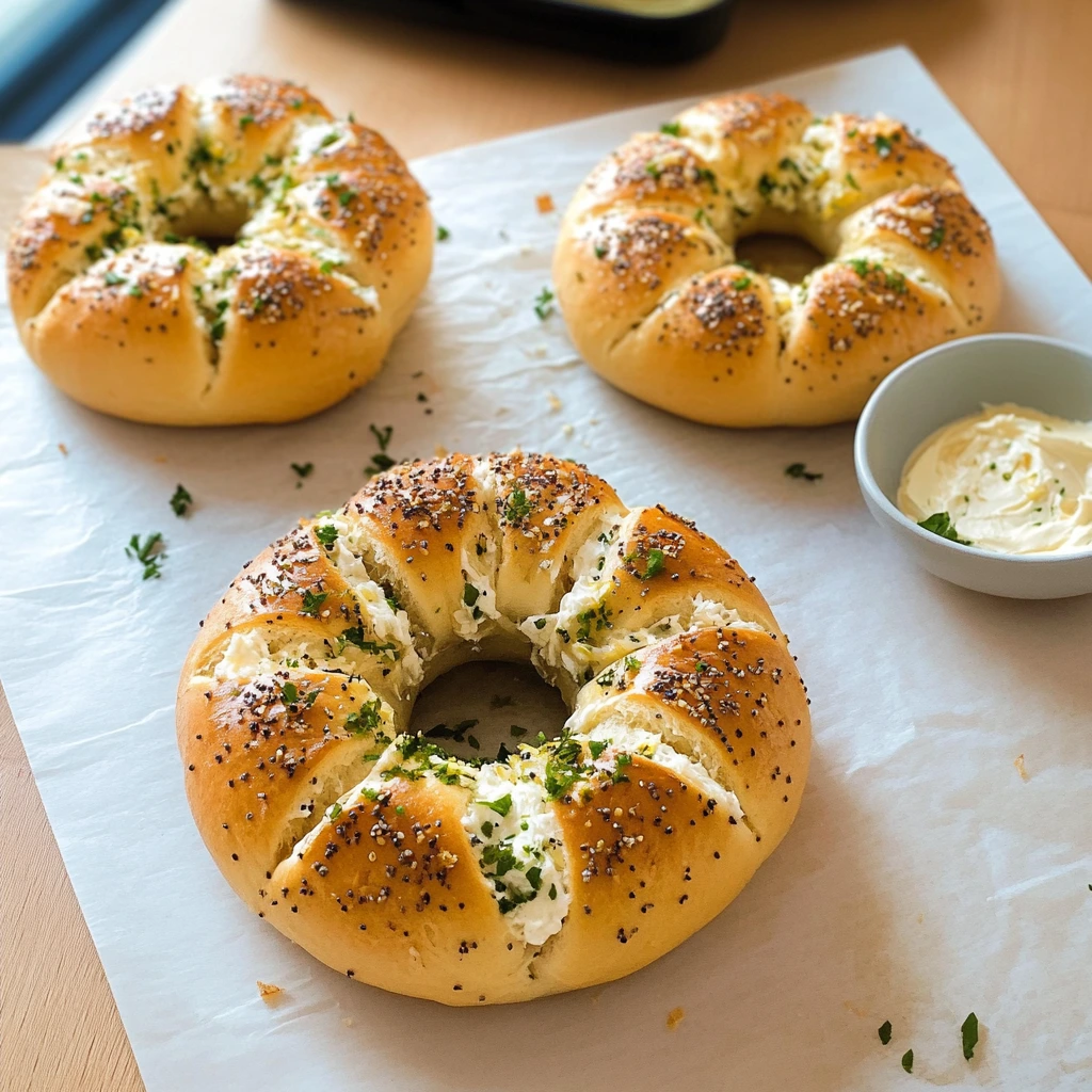 Stuffed bagel filled with cream cheese on a baking tray, ready to serve