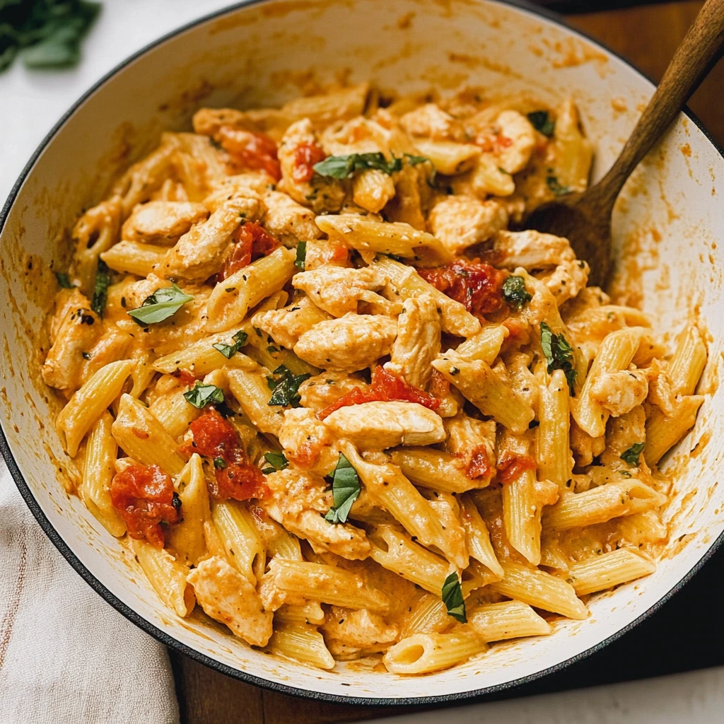 Serving a plate of Marry Me Chicken Pasta topped with fresh herbs