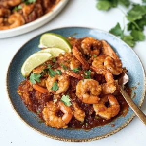 A plate of Camarones a la Diabla served with rice and lime wedges, ready to enjoy.