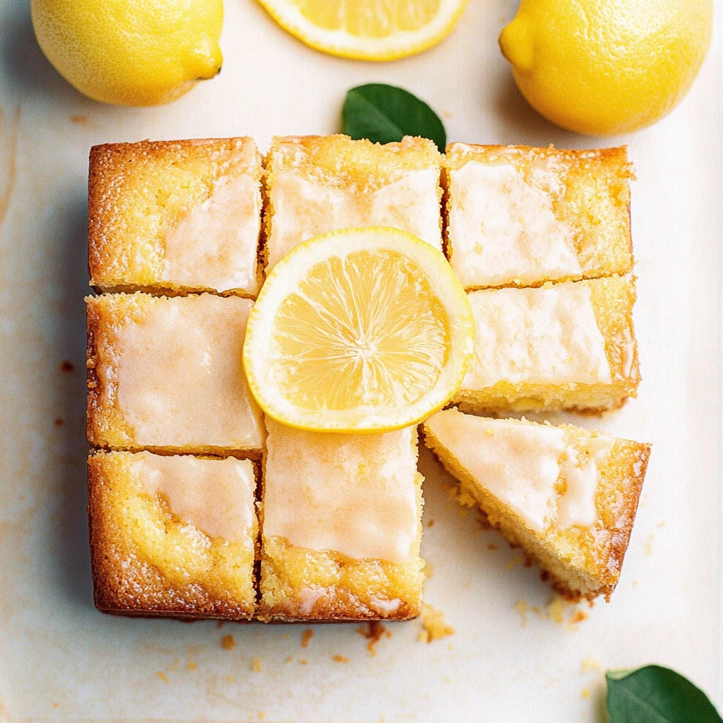 Slices of lemon brownies arranged on a serving plate, topped with fresh lemon zest.