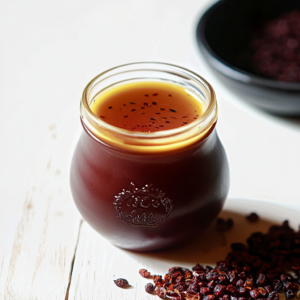 A pan filled with simmering achiote oil, its deep red-orange color highlighting the extracted pigment from the seeds.