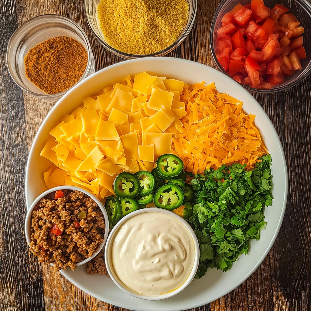 Ingredients for smoked queso recipe including cheese, jalapeños, diced tomatoes, onions, and ground beef.