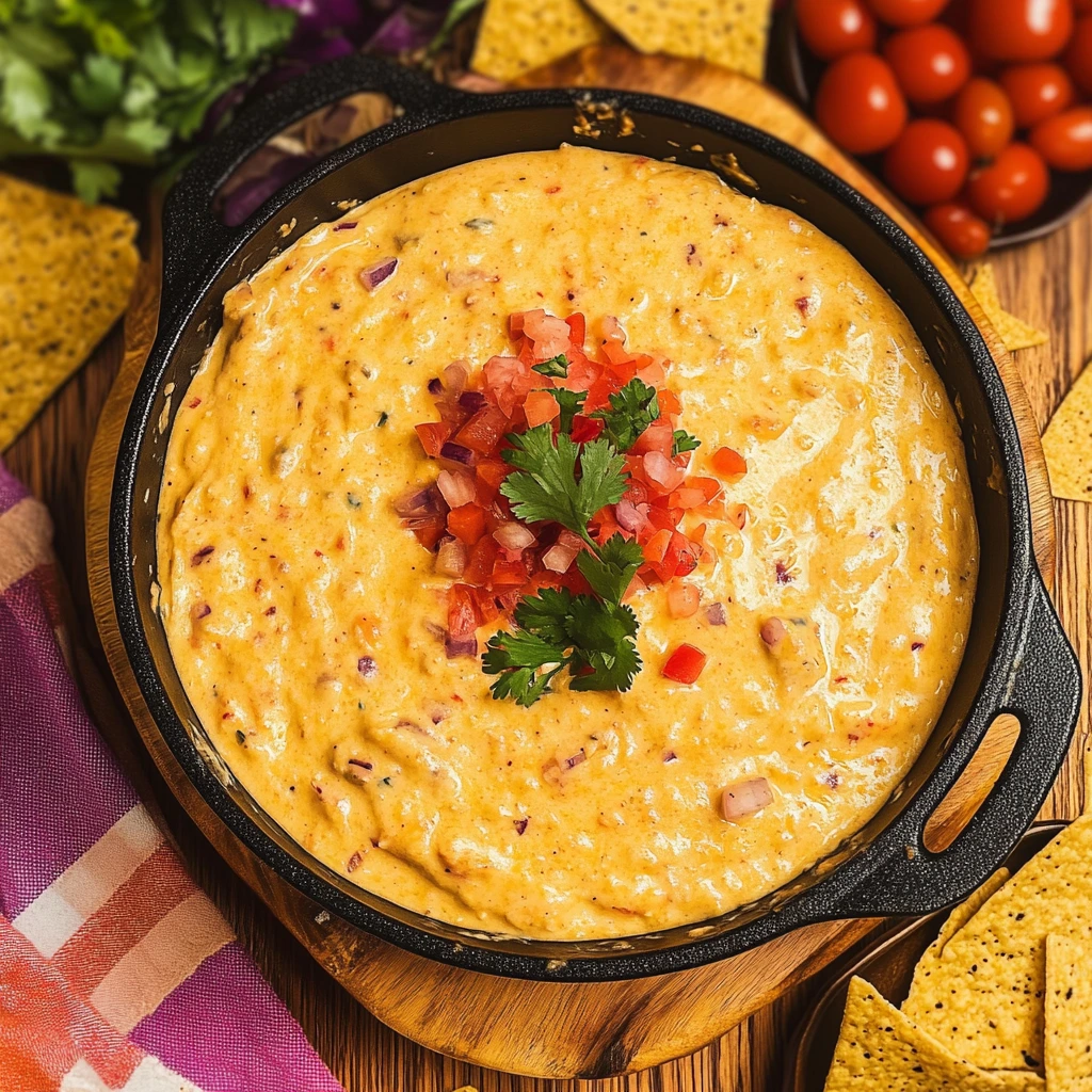 A delicious bowl of smoked queso dip with melted cheese, jalapeños, tomatoes, and chips on the side.