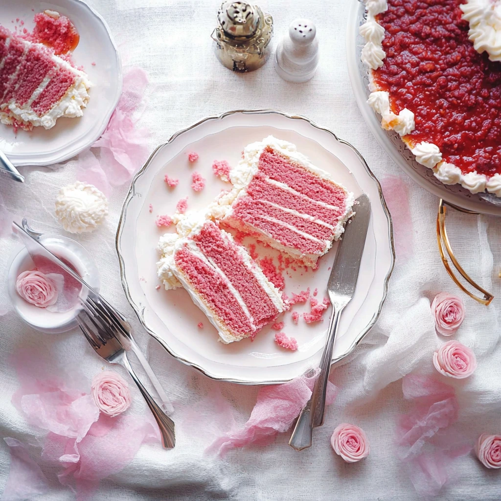 A soft and fluffy pink cake with vibrant layers and smooth cream cheese frosting, ready for a party.