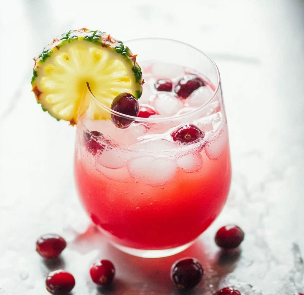 Pouring a cranberry pineapple Sprite mixture into a glass filled with ice cubes, creating a refreshing mocktail.