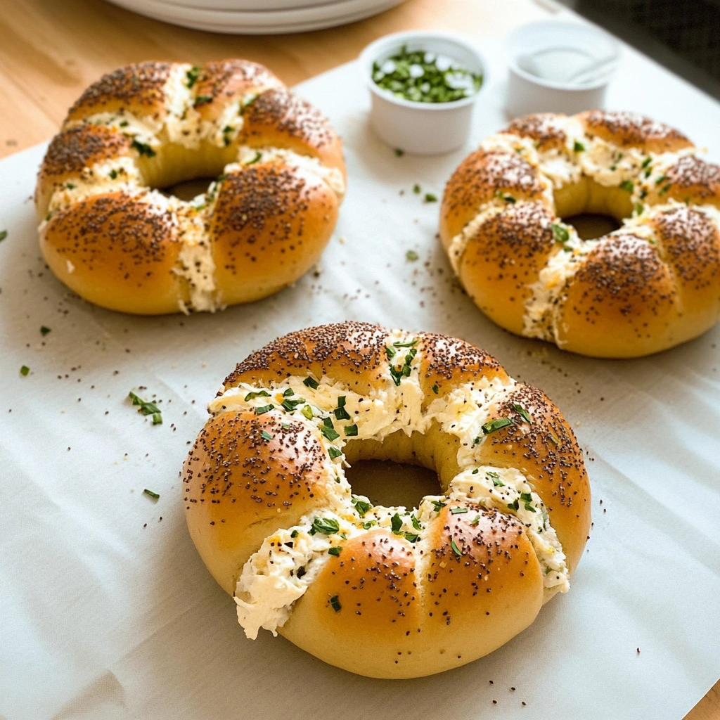 Sweet cream cheese stuffed bagel with fresh filling options, freshly baked